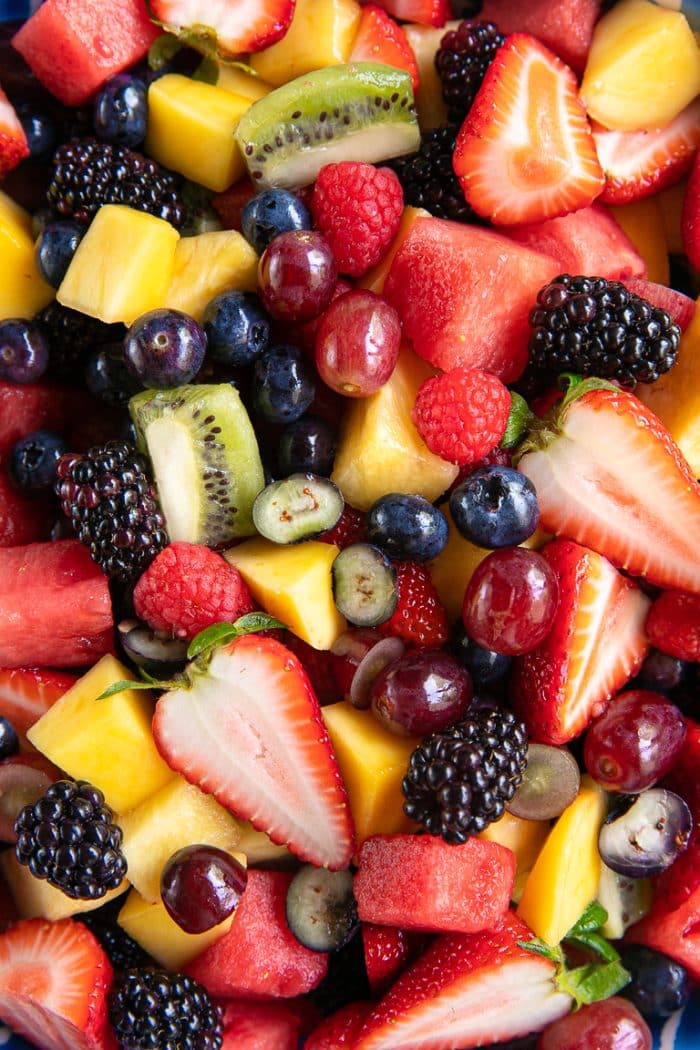 Close up image of a large fruit salad.