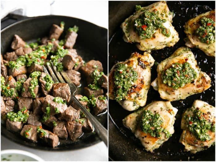 SIde-by-side images of how to use chimichurri sauce, one with steak bites and one with chicken