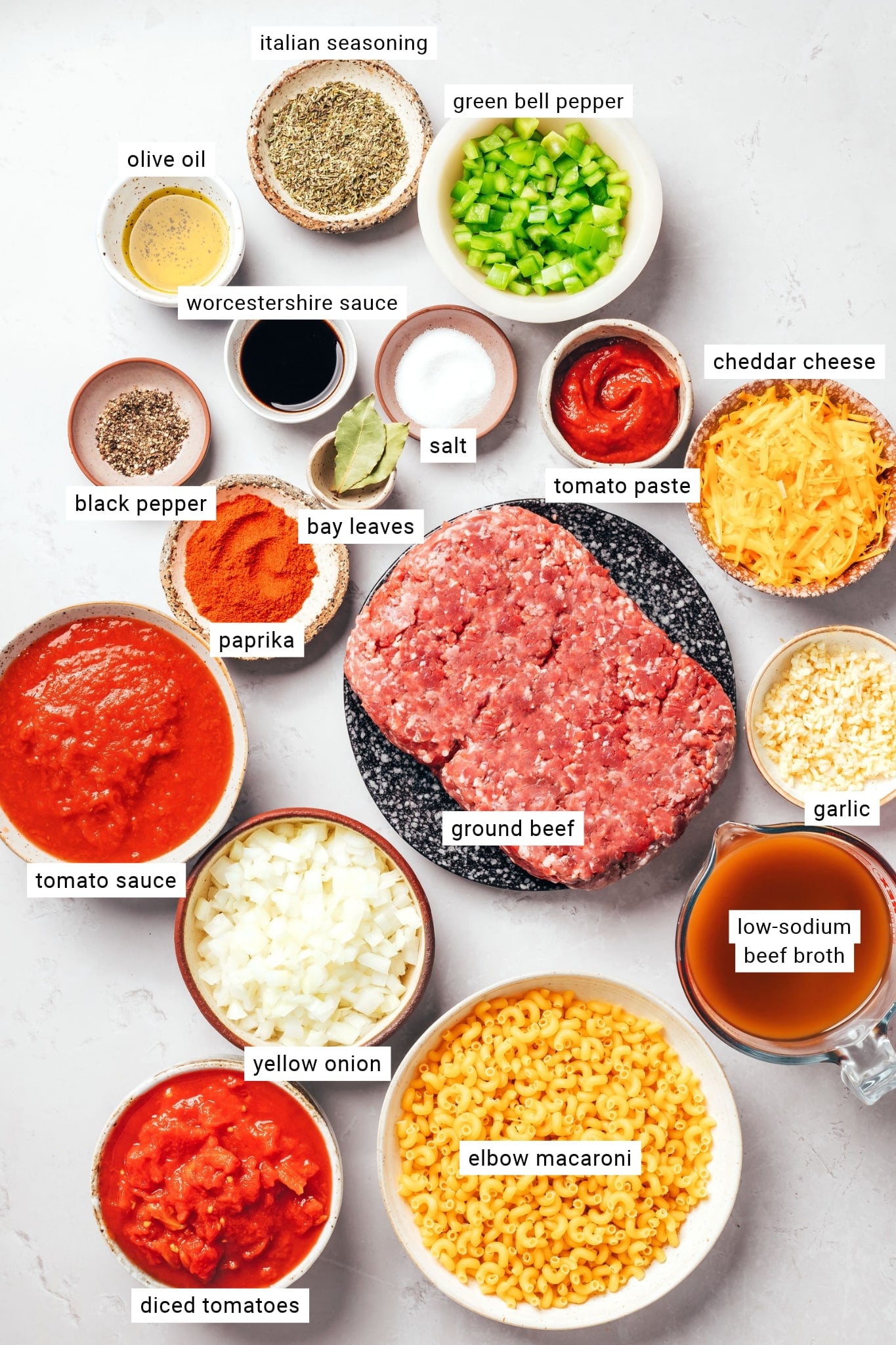 Ingredients for homemade American goulash arranged in individual bowls and dishes, each identified with a text label. The ingredients include raw ground beef, uncooked elbow macaroni, diced yellow onion, chopped green bell pepper, minced garlic, shredded cheddar cheese, canned tomato sauce, diced tomatoes, tomato paste, low-sodium beef broth, olive oil, Worcestershire sauce, Italian seasoning, sweet paprika, black pepper, salt, and bay leaves.