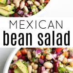 Overhead close-up of a colorful Mexican bean salad in a white bowl, featuring black beans, kidney beans, cannellini beans, corn, diced red onion, tomatoes, celery, bell pepper, cilantro, and avocado slices.