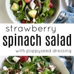 Bowls of vibrant strawberry spinach salad with poppyseed dressing, featuring fresh spinach leaves, sliced strawberries, cubes of avocado, crumbled feta cheese, red onion, chopped dates, and sliced almonds. One bowl is topped with half an avocado, all presented on a light-colored background with a blue and white linen napkin nearby.