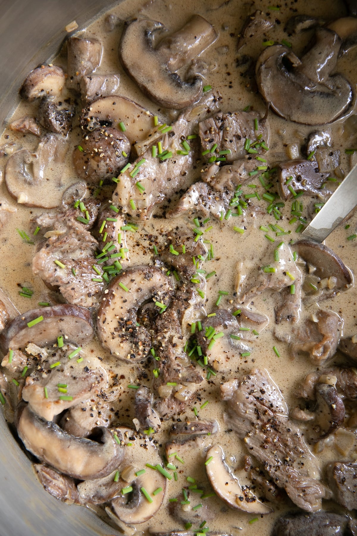 Mushroom and beef stroganoff in a rich sour cream gravy garnished with chives.