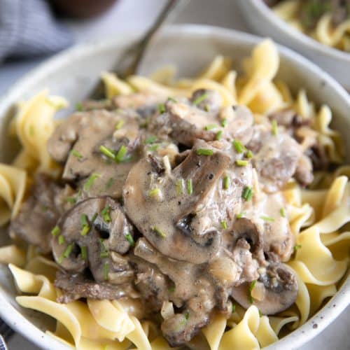Bowl filled with egg noodles and topped with beef and mushroom stroganoff.