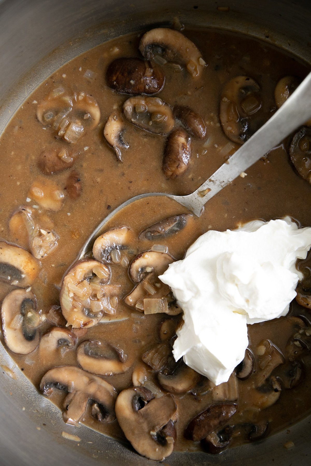 Mushrooms in a savory beef gravy with sour cream.