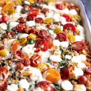 Cheesy baked cauliflower caprese casserole.