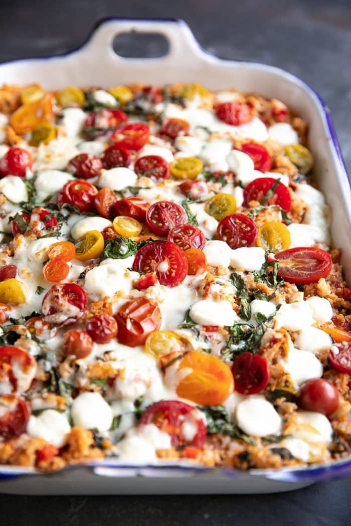 Cheesy baked cauliflower caprese casserole.