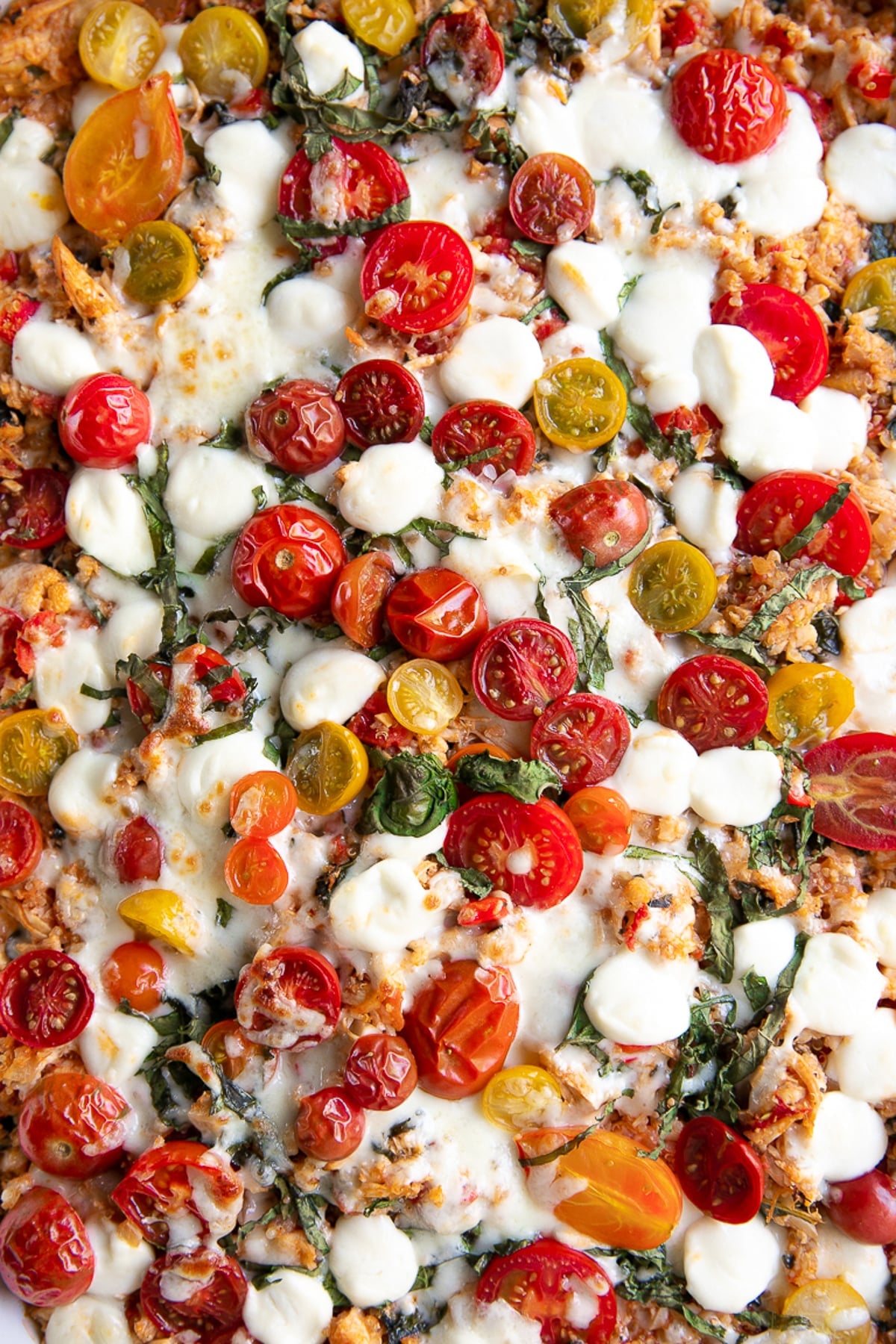 Quinoa and Cauliflower rice mixed with tomatoes, mozzarella cheese, basil, and kale and topped with tomatoes, mozzarella, and basil and baked.