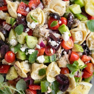Tortellini salad filled with tortellini, cucumbers, cherry tomatoes, chicken, kalamata olives, bell pepper, and feta cheese.