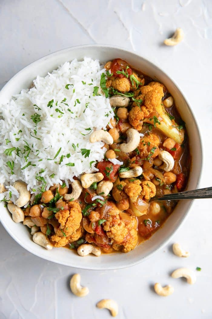 Instant Pot Tikka Masala made with cauliflower, chickpeas, tomatoes, and cashews.