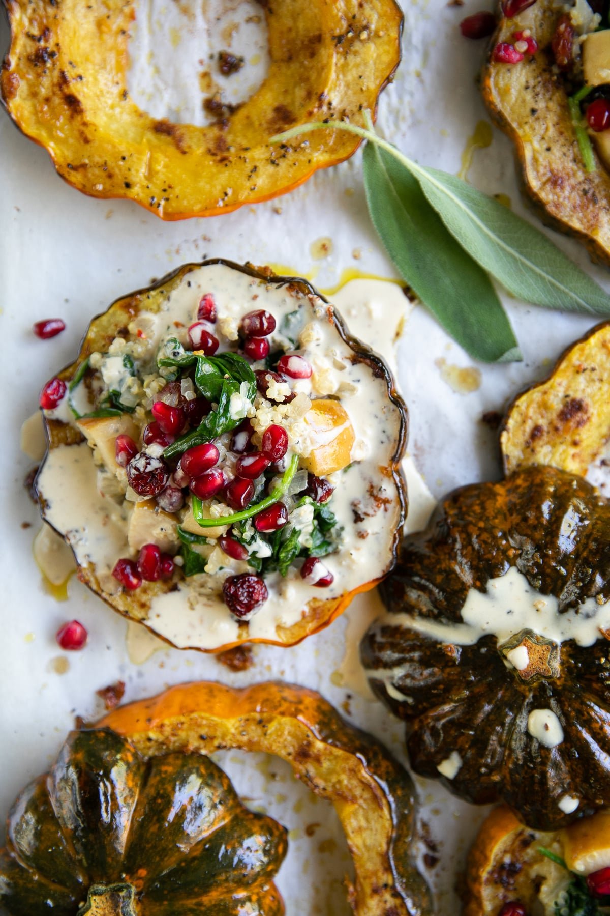 Roasted acorn squash rings topped with a quinoa, apple, spinach, and dried cranberry stuffing, topped with pomegranates, and drizzled with tahini dressing.