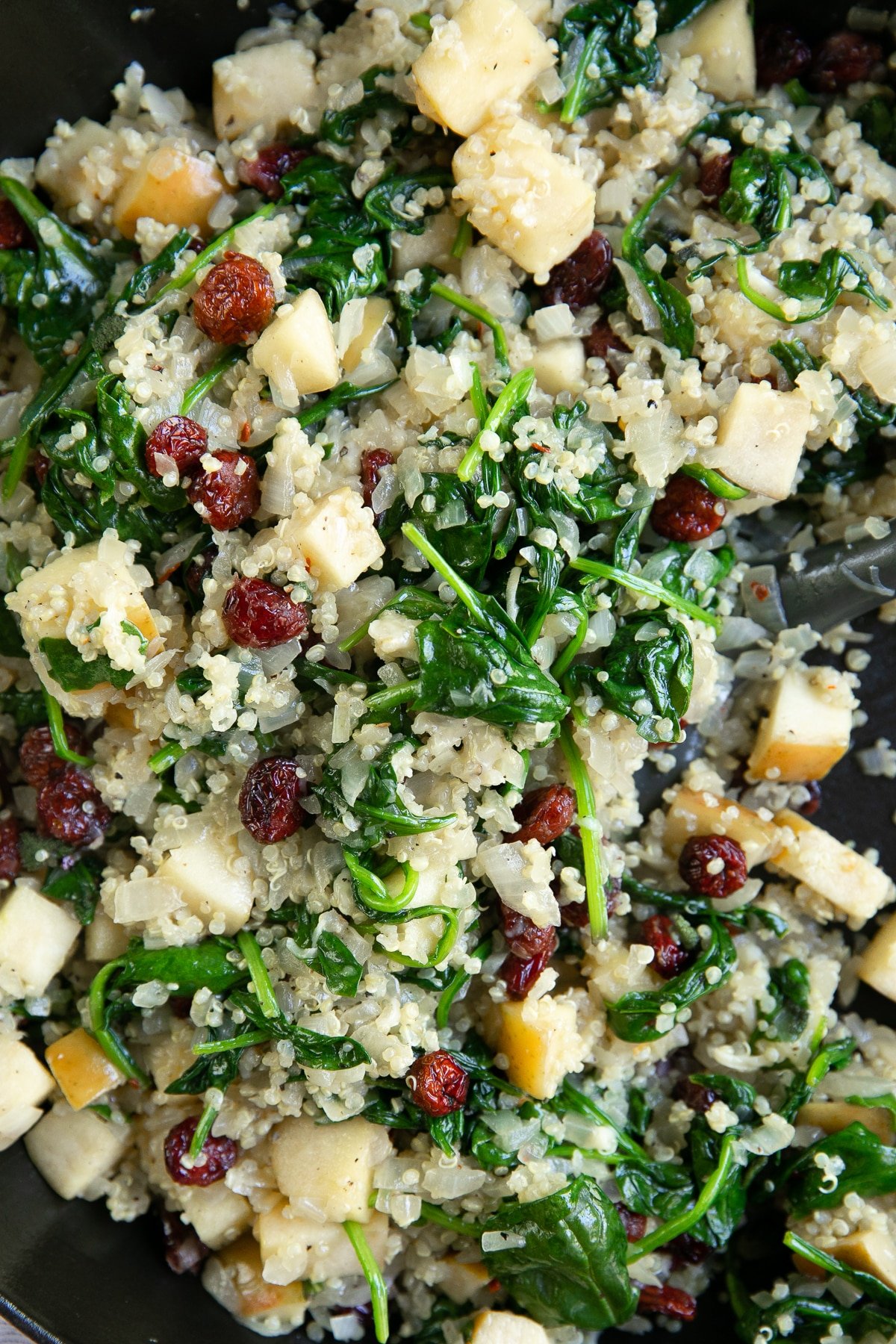 Sauteed baby spinach, quinoa, parmesan cheese, apples, dried cranberries, sage, and onions.
