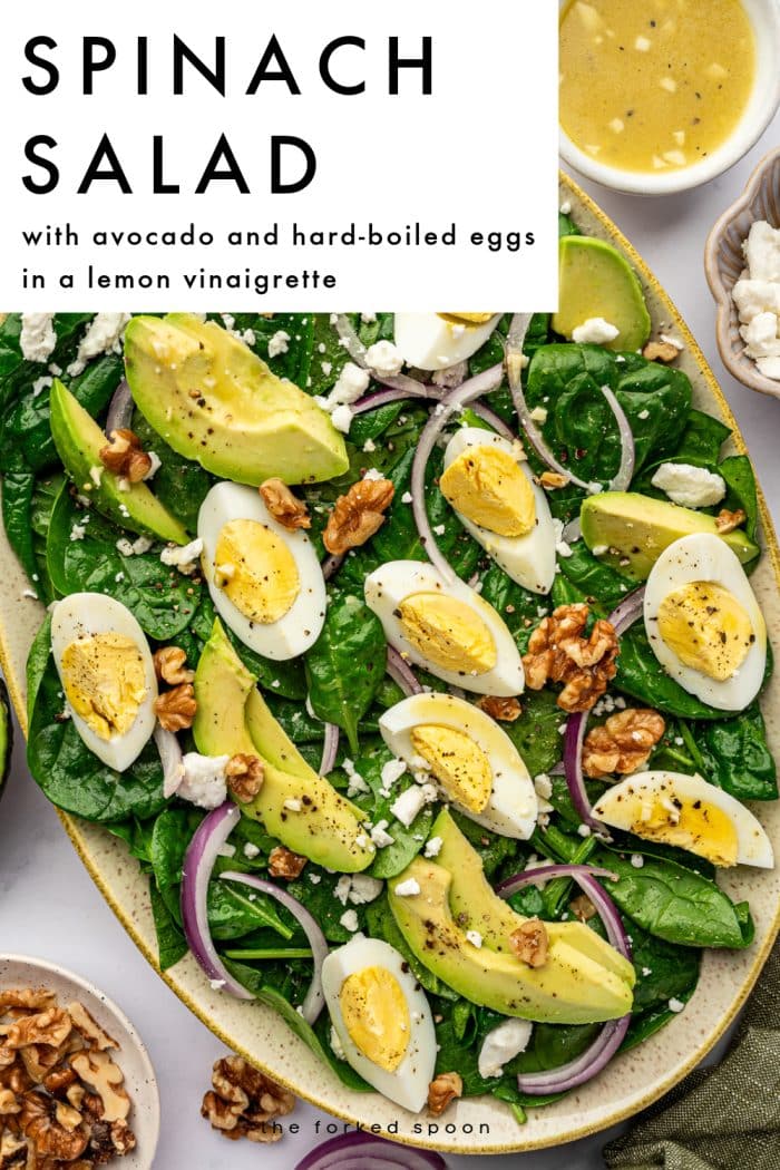 Pinterest pin for spinach salad on a light gray and food photography layout. A large white text box in the upper left corner contains black text that reads “SPINACH SALAD” with smaller black text below that reads “with avocado and hard-boiled eggs in a lemon vinaigrette.” The main image shows a large oval beige speckled platter filled with baby spinach, avocado slices, hard-boiled egg wedges, red onion, crumbled feta, walnuts, and black pepper. At the top right is a small white bowl of golden lemon vinaigrette, with a small beige bowl of feta nearby. A small bowl of walnuts appears at the bottom left, and an olive green napkin is styled along the right side. Theforkedspoon appears at the bottom.