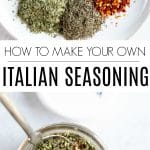 Small piles of dried herbs and spices including oregano, basil, thyme, rosemary, parsley, and red pepper flakes arranged on a white plate, next to a jar of mixed homemade Italian seasoning.