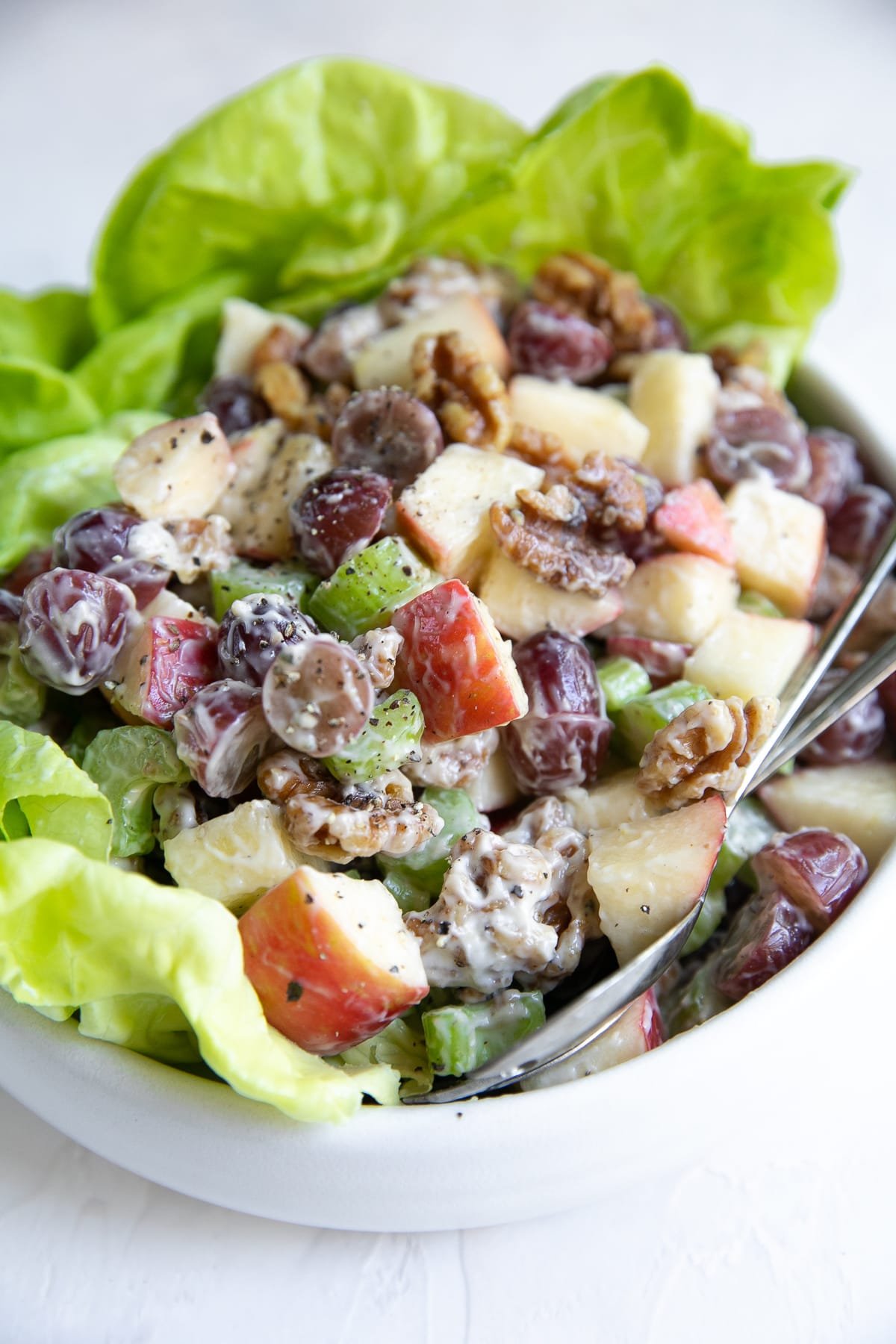 Waldorf salad made with apples, walnuts, grapes, and celery on a bed of lettuce in a white serving bowl.