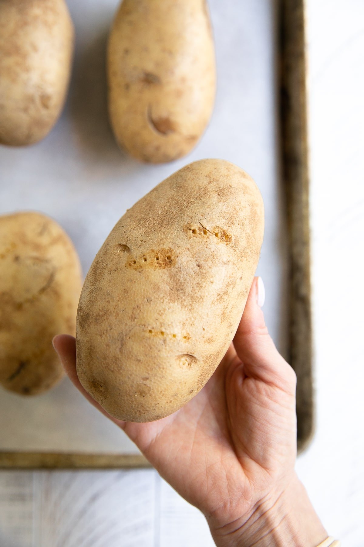Hand holding a russet potato with several fork indentations in the flesh.