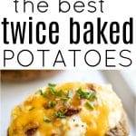 empty potato skins lined up on a baking sheet, and a finished twice baked potato stuffed with creamy mashed potatoes, crispy bacon, melted cheddar cheese, and garnished with chopped chives.