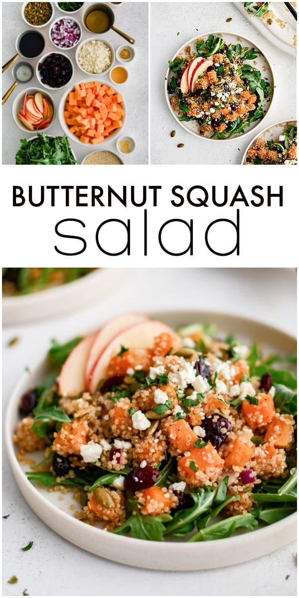 Pinterest Pin for butternut squash salad with three images and text overlay.