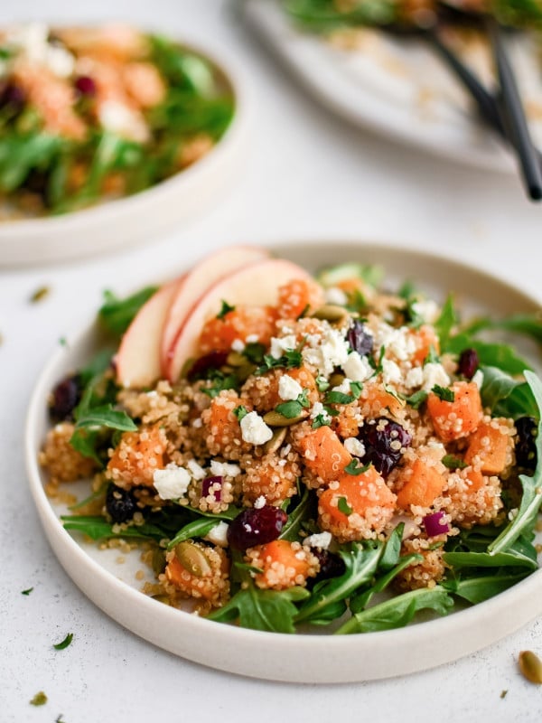 Large dinner plate with a bed of fresh arugula topped with roasted butternut squash combined with cooked golden quinoa, dried cranberries, red onion, pumpkin seeds, feta cheese, and sliced apple, and drizzled lightly with balsamic vinaigrette.