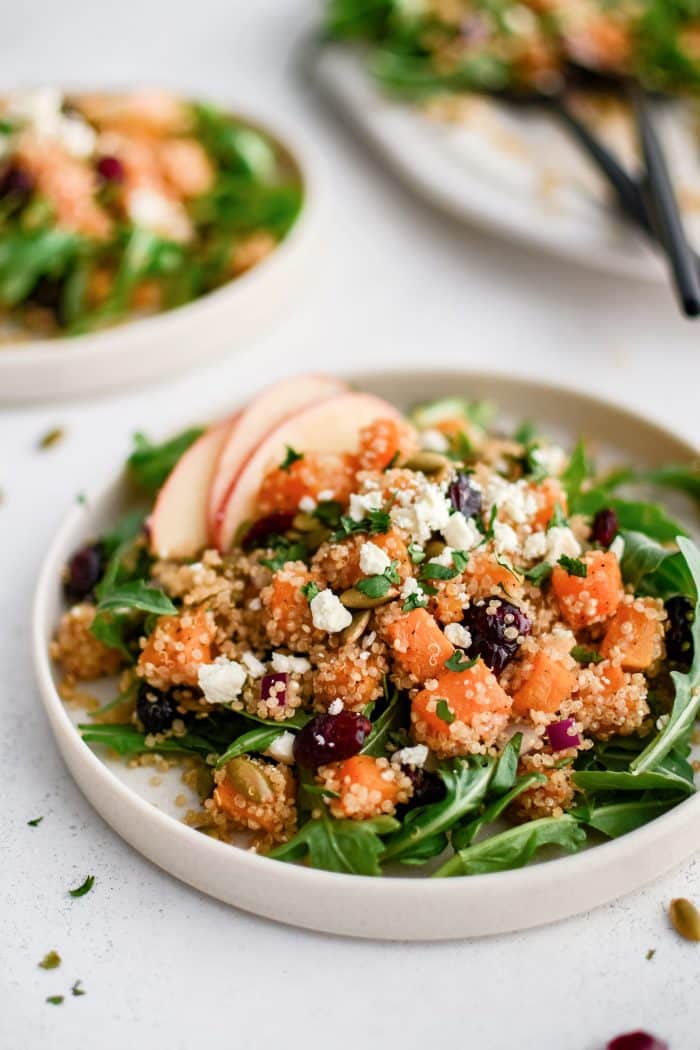 Large dinner plate with a bed of fresh arugula topped with roasted butternut squash combined with cooked golden quinoa, dried cranberries, red onion, pumpkin seeds, feta cheese, and sliced apple, and drizzled lightly with balsamic vinaigrette.