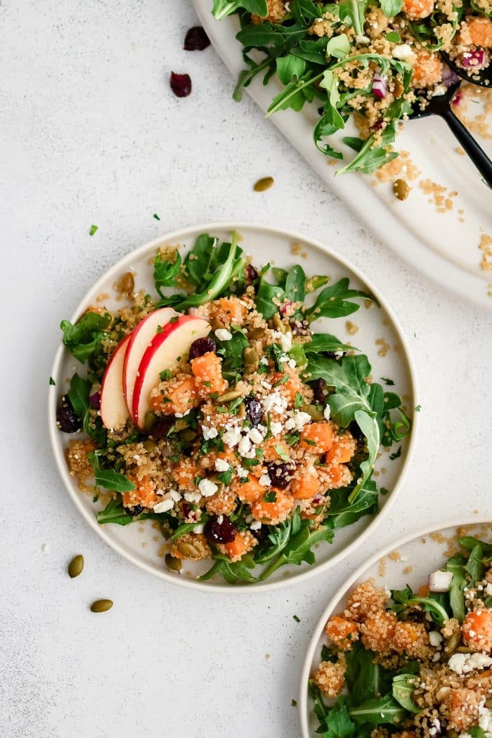 Large dinner plate with a bed of fresh arugula topped with roasted butternut squash combined with cooked golden quinoa, dried cranberries, red onion, pumpkin seeds, feta cheese, and sliced apple, and drizzled lightly with balsamic vinaigrette.