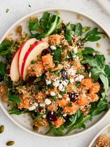 Large dinner plate with a bed of fresh arugula topped with roasted butternut squash combined with cooked golden quinoa, dried cranberries, red onion, pumpkin seeds, feta cheese, and sliced apple, and drizzled lightly with balsamic vinaigrette.