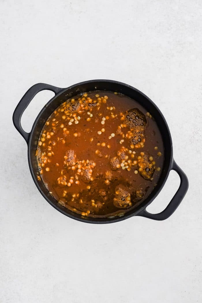 Dry brown lentils and vegetable broth added to a large cast iron pot filled with softened onion, celery, and carrots combined with garlic, paprika, dried thyme, dried basil, salt, and black pepper in a large cast iron pot.