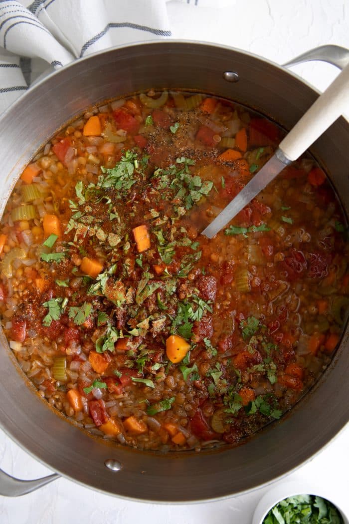 Pot filled with cooked lentil soup garnished with sweet paprika and fresh chopped parsley.
