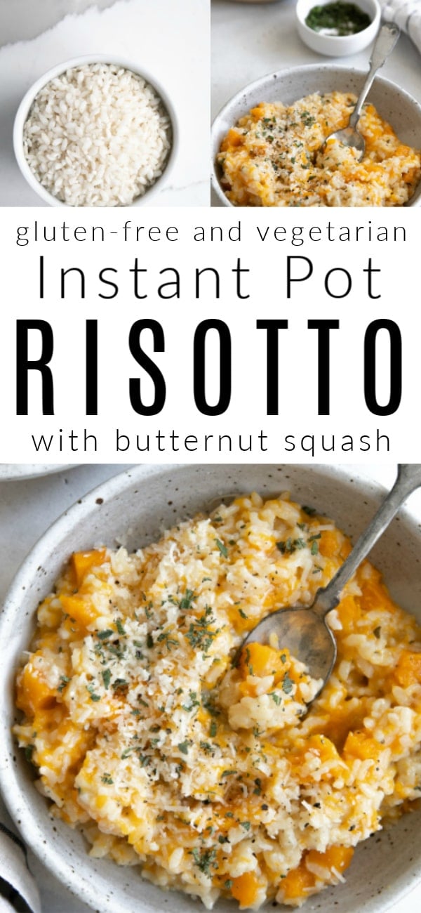 Pinterest pin with image and text for the recipe Instant Pot Risotto Recipe with Butternut Squash