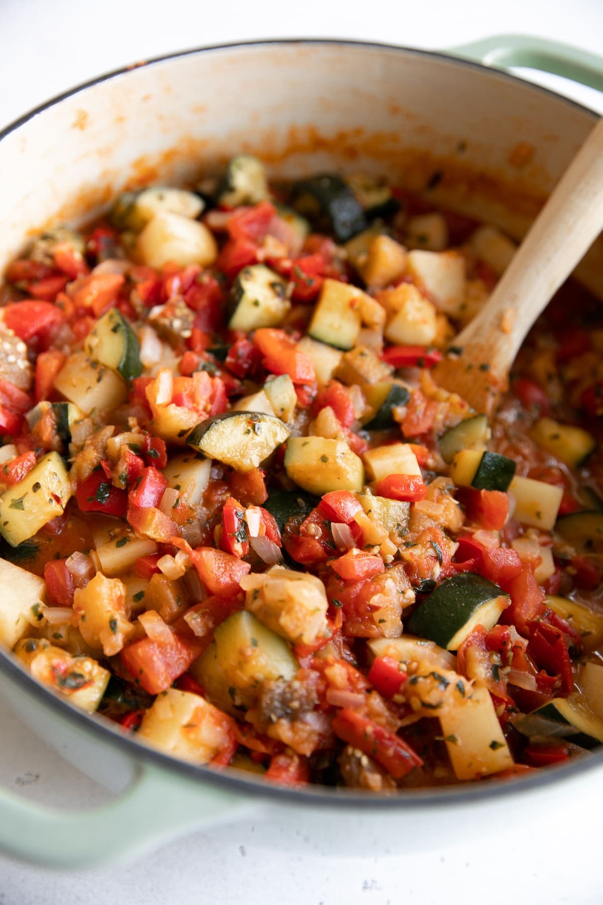 Large pot filled with homemade Italian ratatouille recipe.