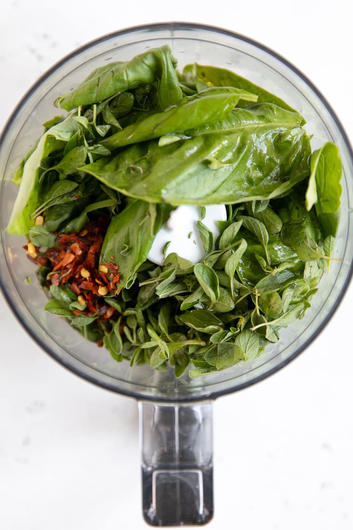 Small food processor filled with fresh oregano, fresh basil, olive oil, garlic, and red chili flakes.