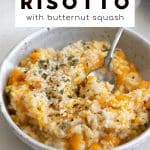 Pinterest pin with image and text for the recipe Instant Pot Risotto Recipe with Butternut Squash