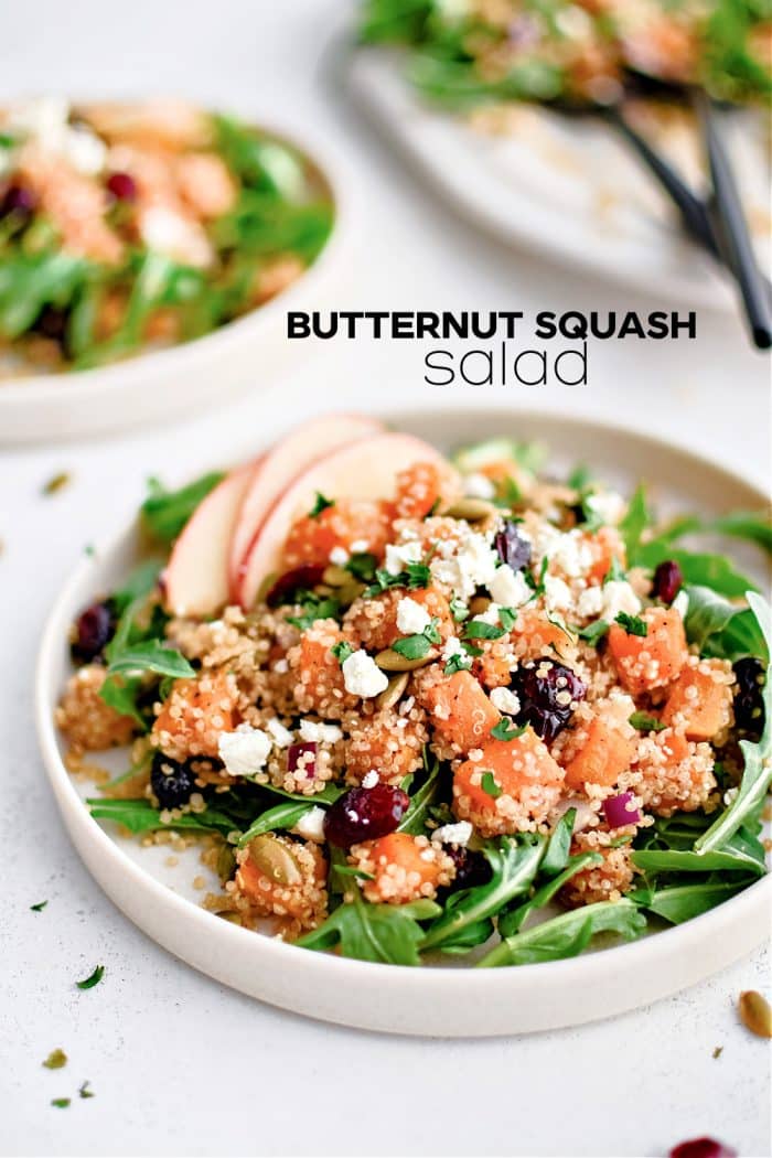 Pinterest Pin image for butternut squash salad Recipe with one image and text overlay.