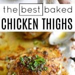 Collage showing a bowl of mixed spices, a hand seasoning raw chicken thighs on a baking sheet, and a close-up of perfectly baked, golden brown chicken thigh garnished with fresh herbs.