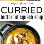 Bowl of curried butternut squash soup garnished with pumpkin seeds, a swirl of coconut milk, and a sprinkle of spices, served in a small black soup pot.