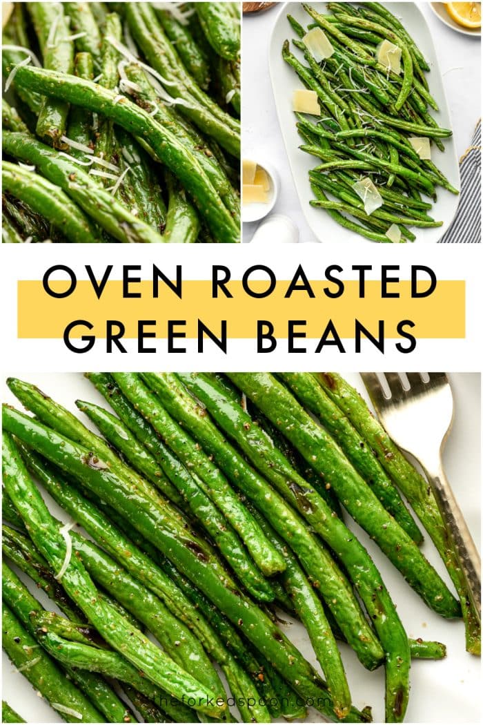 Collage of oven roasted green beans on a platter and close up with Parmesan cheese
