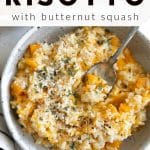 Pinterest pin with image and text for the recipe Instant Pot Risotto Recipe with Butternut Squash