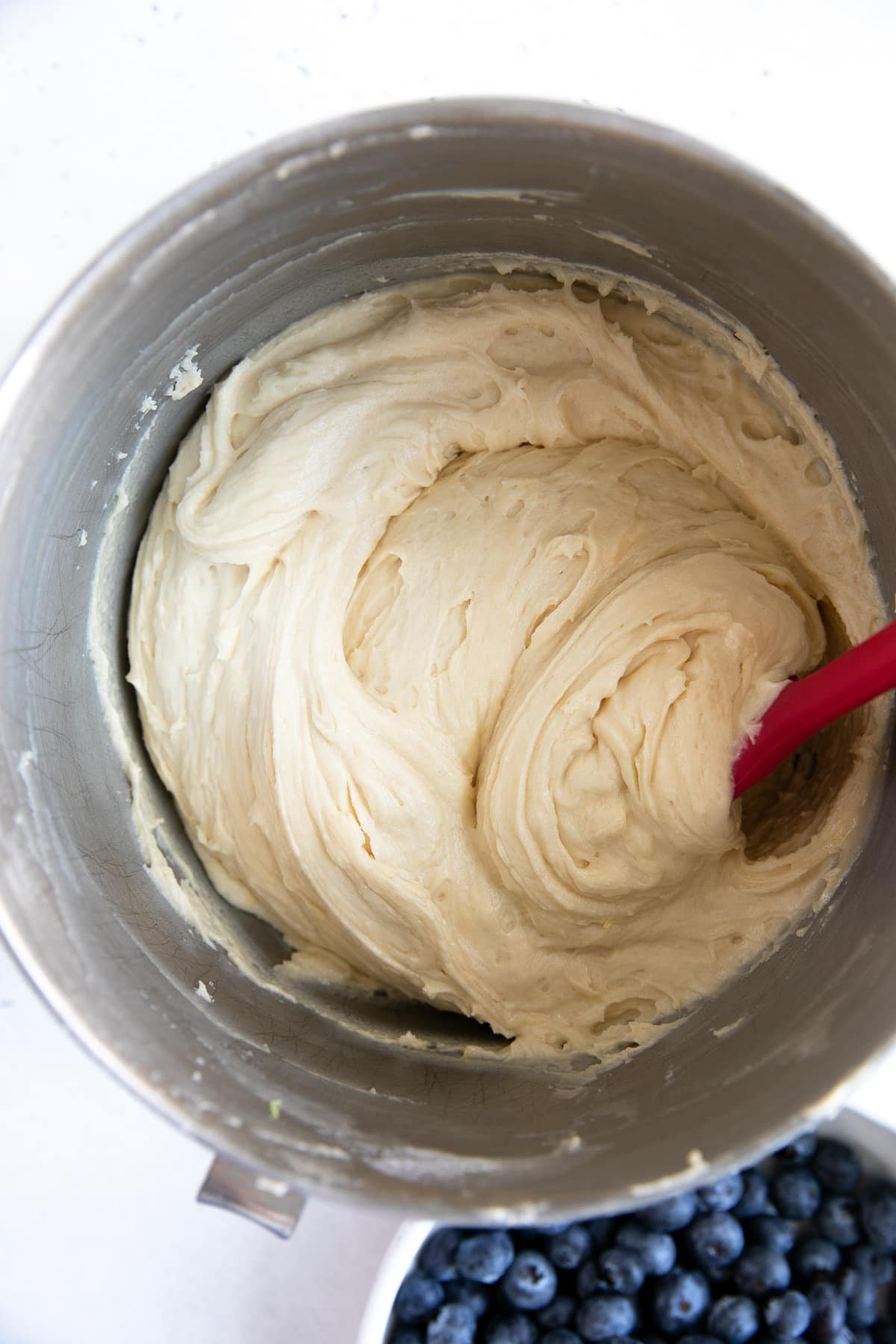 Homemade blueberry muffin batter in a large mixing bowl.