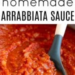 Collage of homemade arrabbiata sauce, showing onions and red pepper flakes sautรฉing in a pan, whole tomatoes added to the mixture, and a close-up of the finished spicy tomato sauce.
