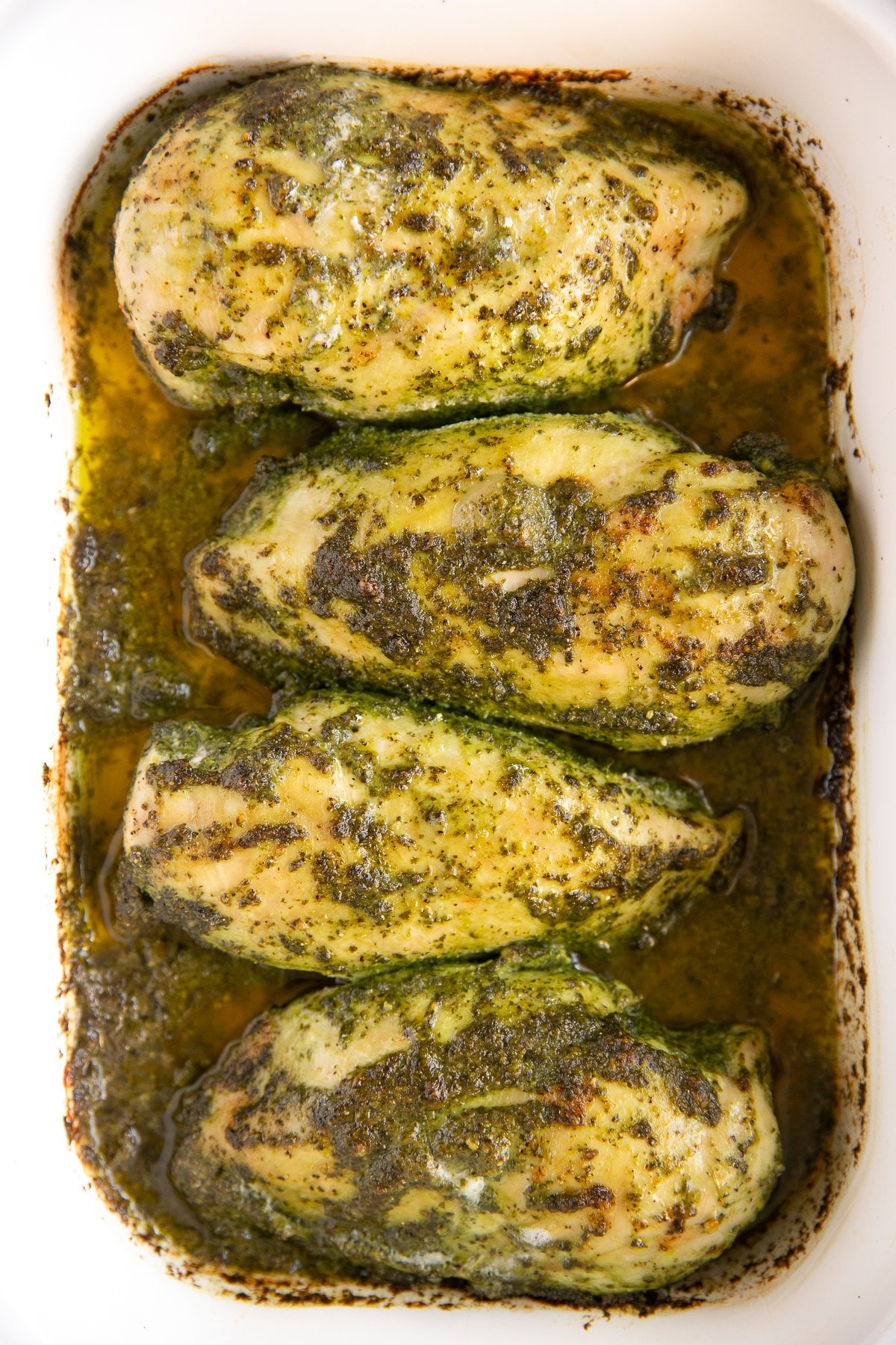 White baking dish with four chicken breasts cooked in homemade pesto sauce.