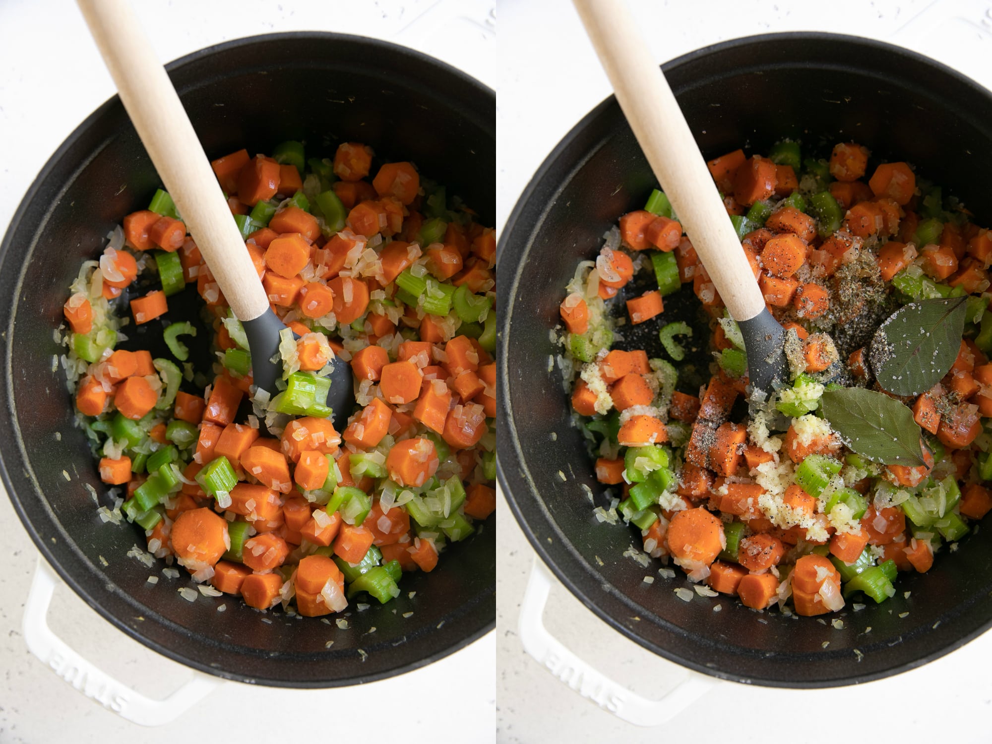 Two collaged vertical images showing a large pot with cooking carrots, celery, garlic, salt, pepper, and two bay leaves.