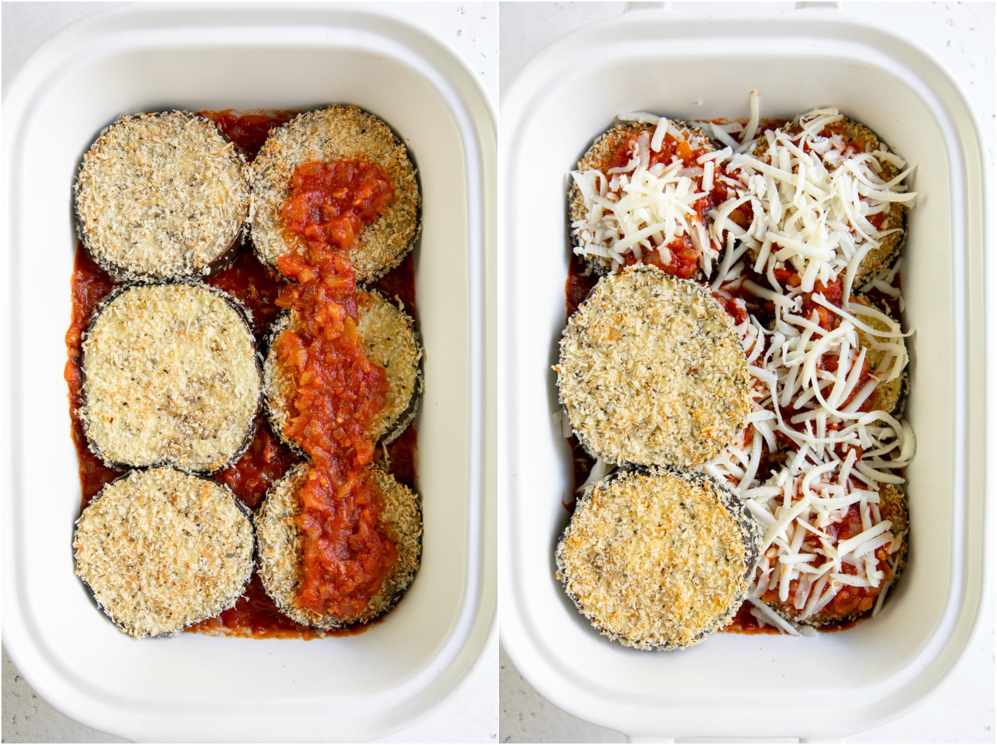 Collaged image showing the steps making baked eggplant parmesan.