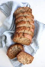 Overhead image of a freshly baked and sliced banana bread loaf.