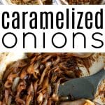 Process collage showing onions in various stages of caramelization in a stainless steel pan, from raw and sliced to deeply browned and caramelized.