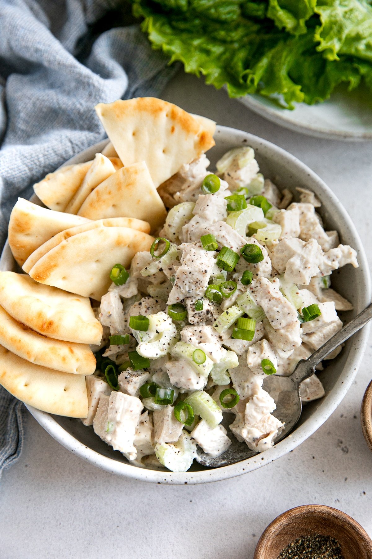 Pita bread served with homemade easy chicken salad topped with chopped green onions in a shallow serving bowl.
