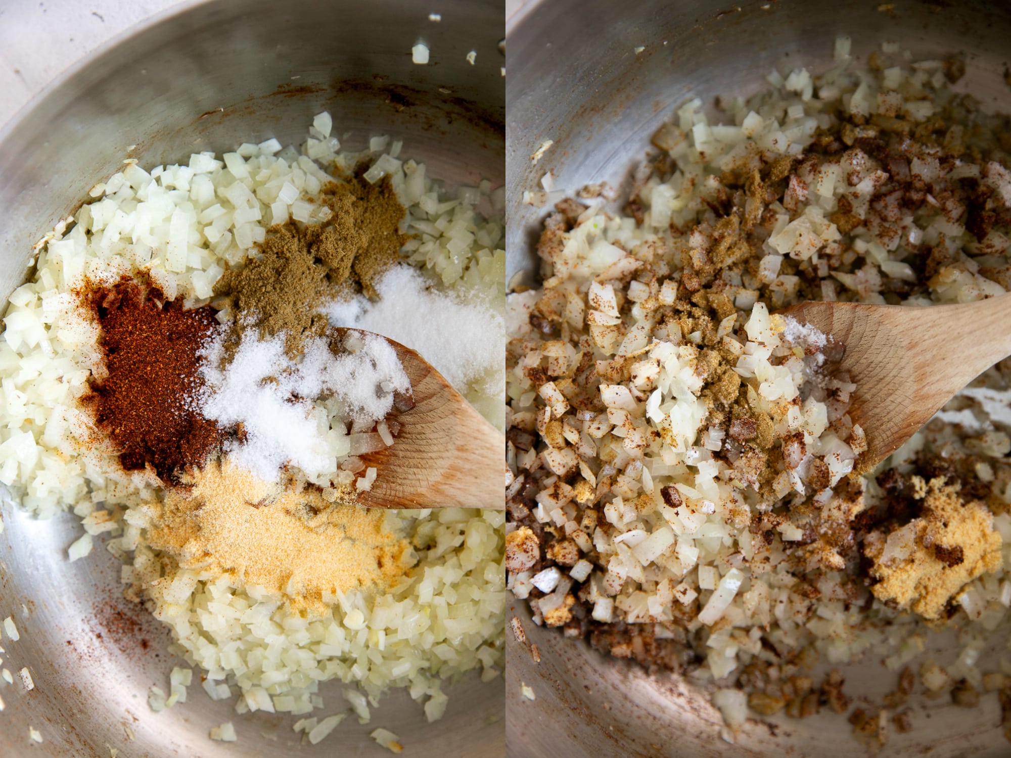 Collaged image of onions sauteed in a large pot.