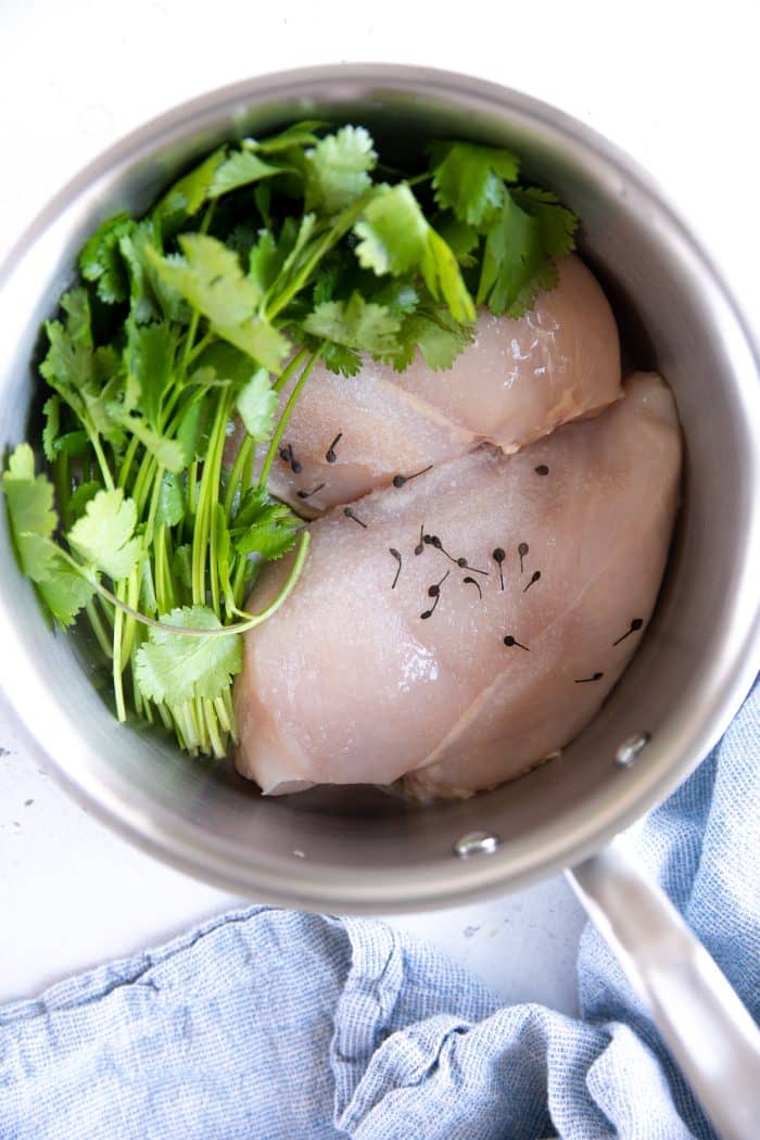 Two chicken breasts in a medium stock pot with fresh parsley and peppercorns.