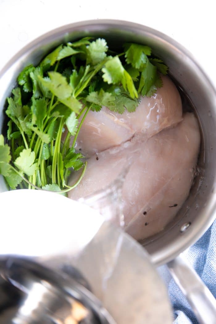 Water being poured into stock pot with raw chicken breasts and fresh parsley.