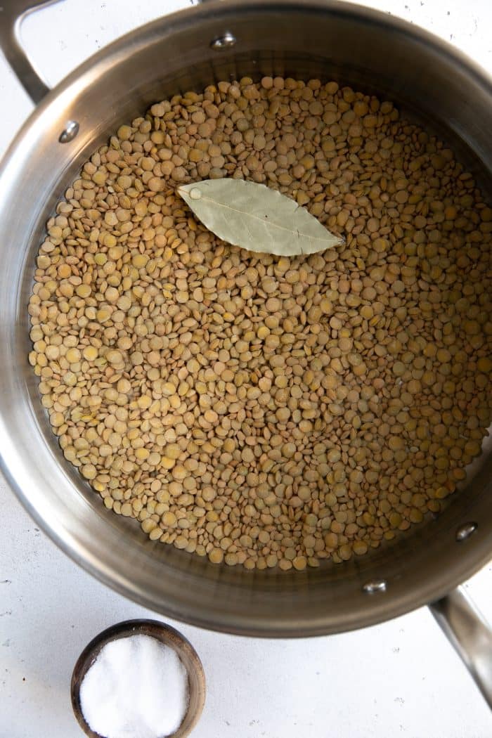 Medium saucepan filled with green lentils, bay leaf, and water.