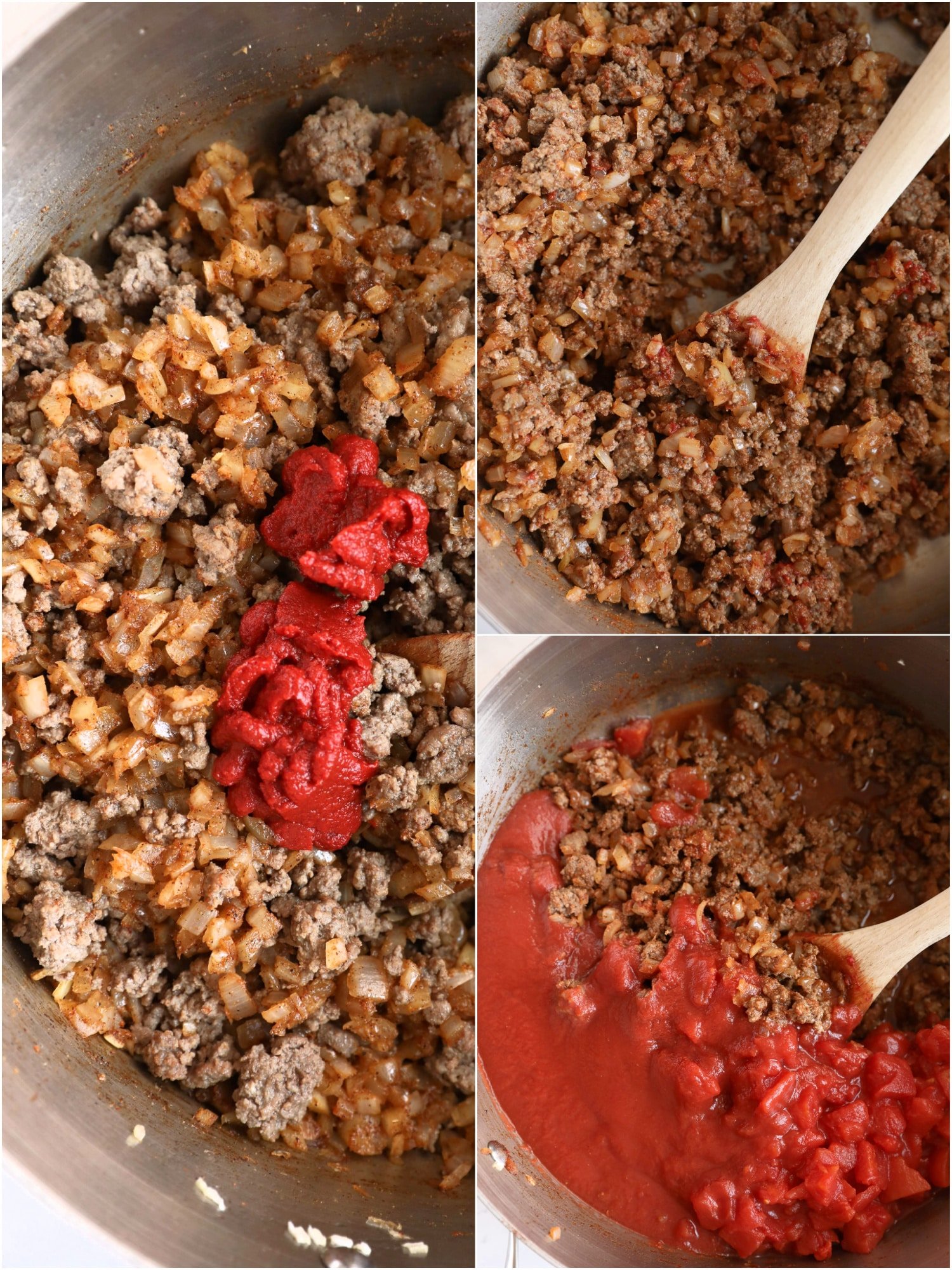 Three collages images slowing tomato paste and canned tomatoes being added to ground beef and onions.