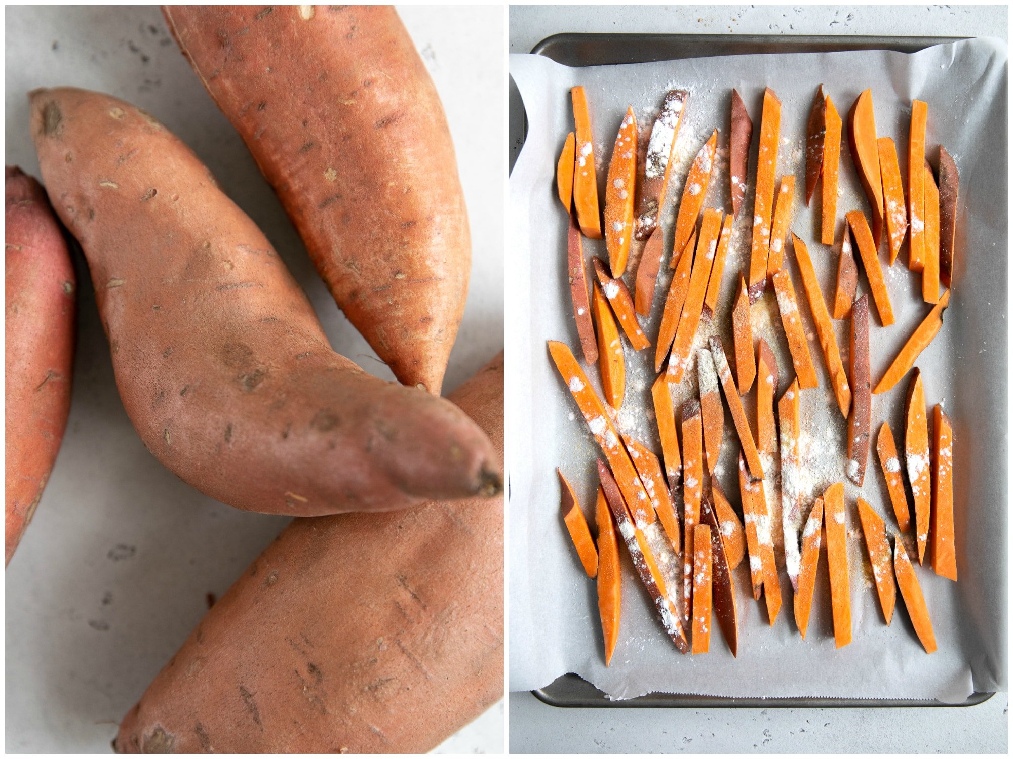 Two images in a collage side-by-side; the first image shows raw sweet potatoes and the other shows uncooked, raw, sweet potato fries sprinkled with seasonings and cornstarch.